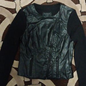 GUESS faux leather and cloth womens jacket, XS black with diagonal zipper.